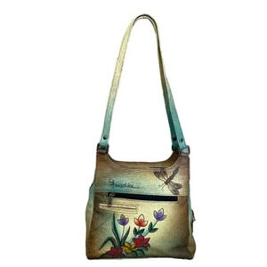 Anuschka Handpainted Leather Floral Butterfly‎ Medium Satchel Shoulder Bag Boho